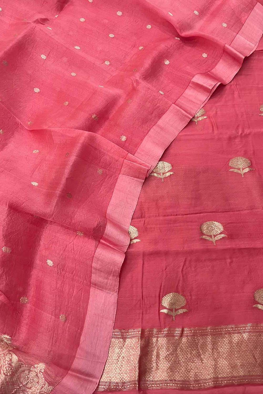 Pink Handloom Banarasi Pure Chiniya Silk Suit With Organza Dupatta - Luxurion World