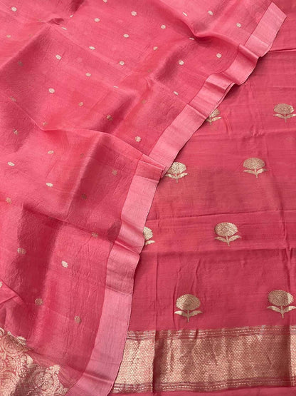 Pink Handloom Banarasi Pure Chiniya Silk Suit With Organza Dupatta - Luxurion World