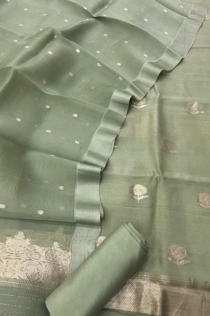 Green Handloom Banarasi Pure Chiniya Silk Suit With Organza Dupatta
