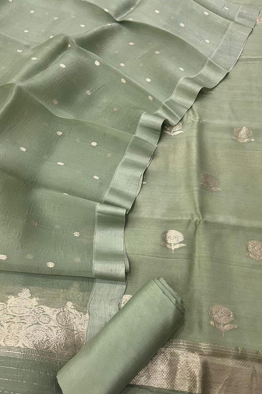 Green Handloom Banarasi Pure Chiniya Silk Suit With Organza Dupatta - Luxurion World