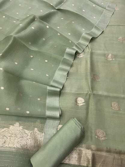 Green Handloom Banarasi Pure Chiniya Silk Suit With Organza Dupatta - Luxurion World