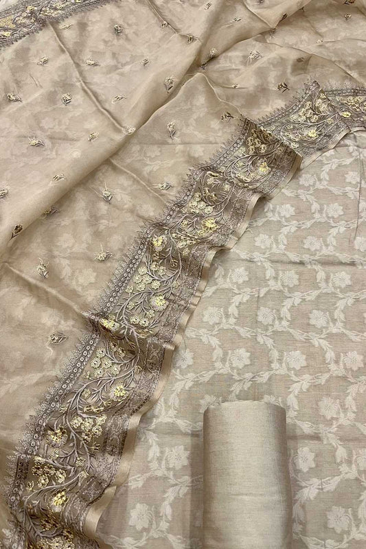 Pastel Banarasi Cotton Suit Set with Embroidered Organza Dupatta - Luxurion World