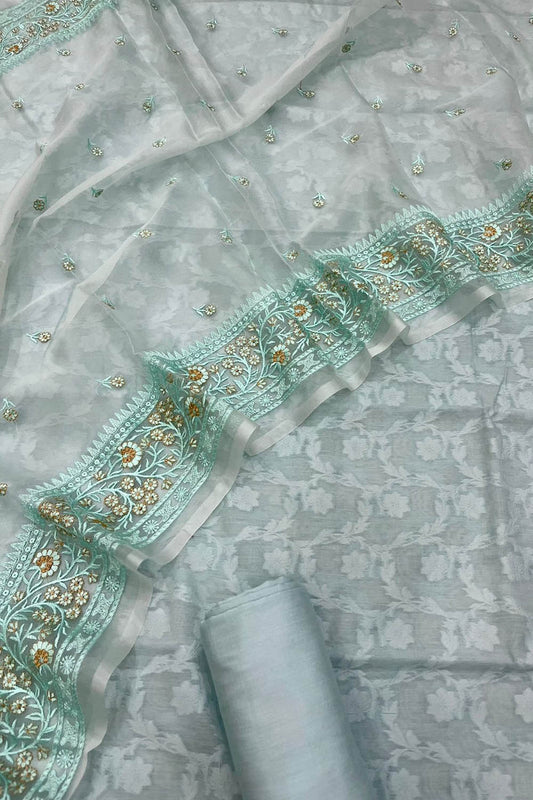 Blue Banarasi Cotton 3-Piece Suit Set with Embroidered Organza Dupatta - Luxurion World