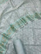 Blue Banarasi Cotton 3-Piece Suit Set with Embroidered Organza Dupatta - Luxurion World