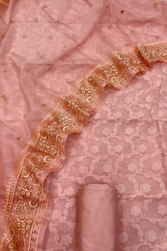 Pink Banarasi Cotton 3-Piece Suit Set with Embroidered Organza Dupatta