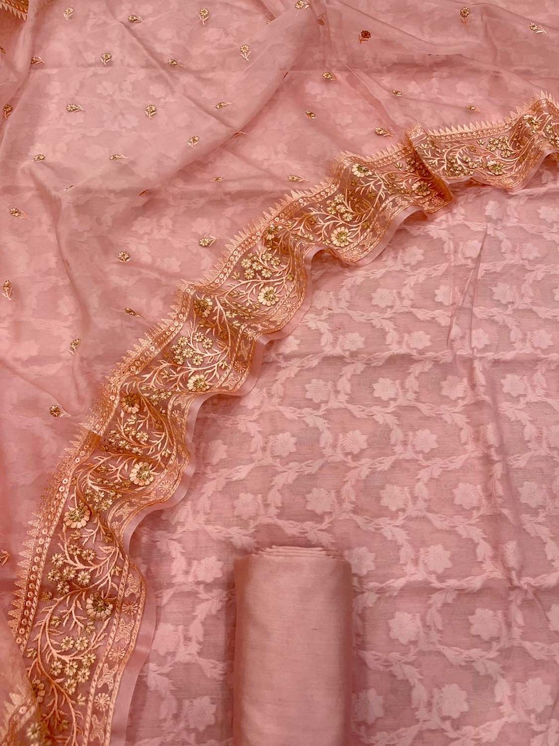 Pink Banarasi Cotton 3-Piece Suit Set with Embroidered Organza Dupatta - Luxurion World
