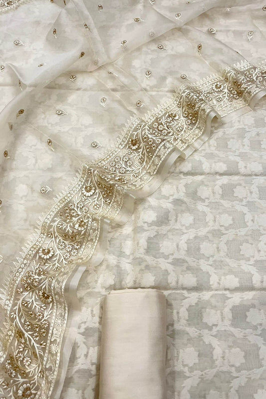 Pastel Banarasi Cotton 3-Piece Suit Set with Embroidered Organza Dupatta