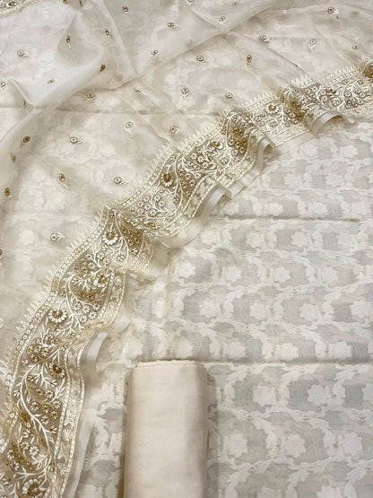 Pastel Banarasi Cotton 3-Piece Suit Set with Embroidered Organza Dupatta - Luxurion World