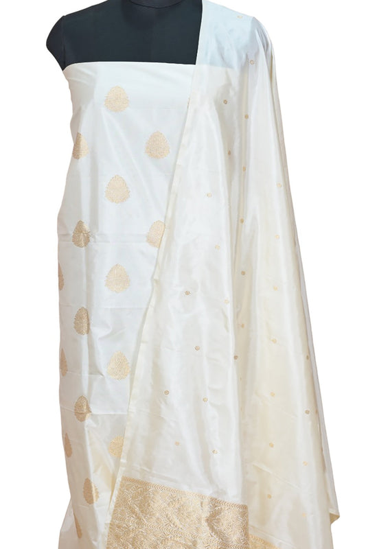 Off White Katan Silk Banarasi Handloom Suit Set - Pure Elegance - Luxurion World