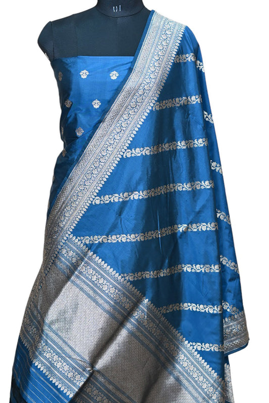 Pure Katan Silk Blue Banarasi Handloom Suit Set - Unstitched 3 Piece - Luxurion World