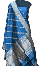 Pure Katan Silk Blue Banarasi Handloom Suit Set - Unstitched 3 Piece - Luxurion World