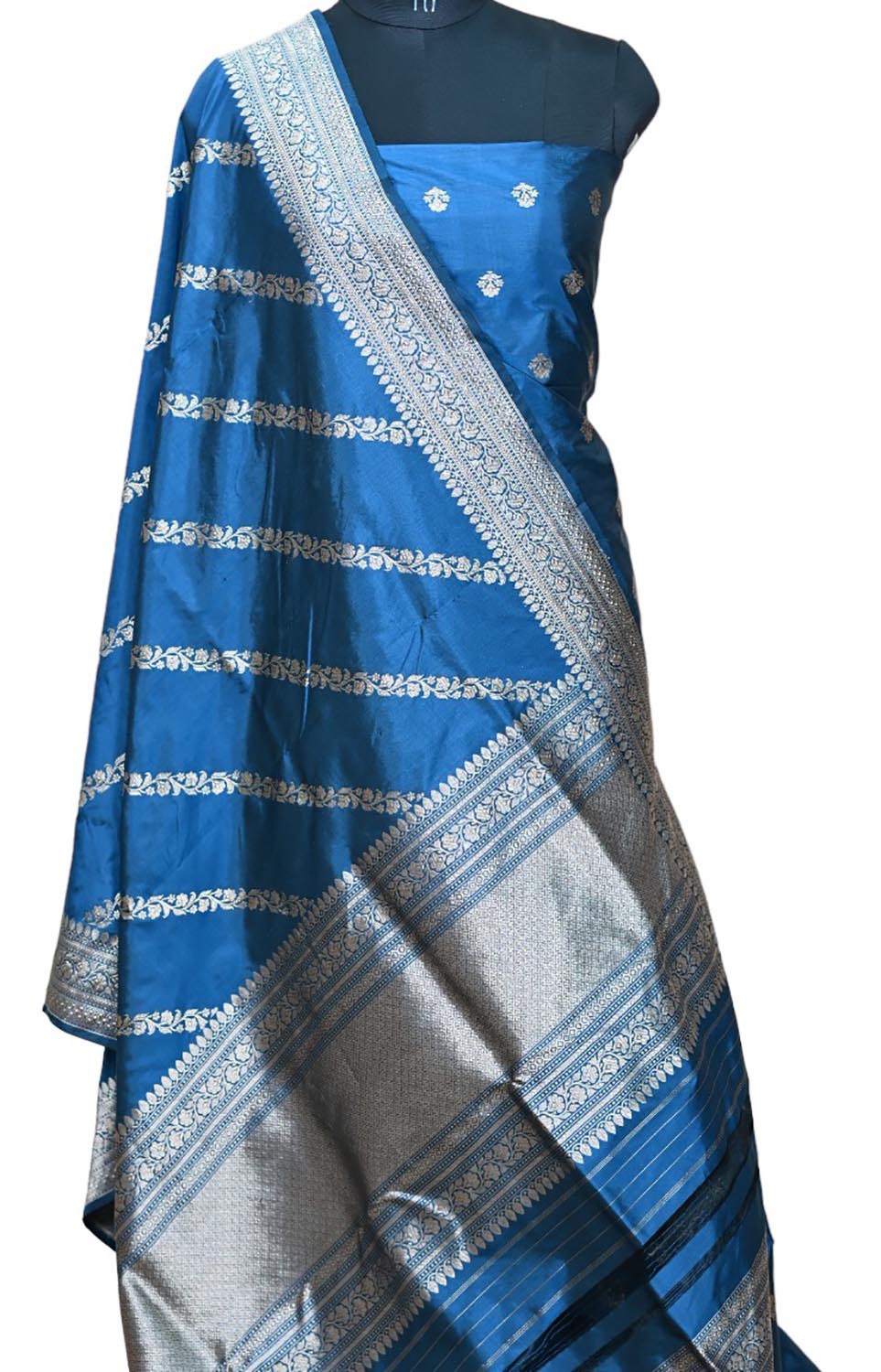Pure Katan Silk Blue Banarasi Handloom Suit Set - Unstitched 3 Piece - Luxurion World