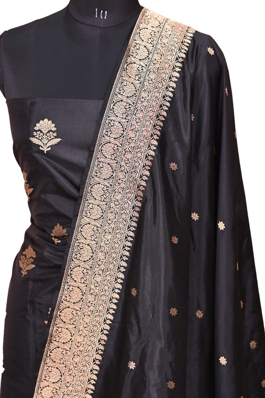 Exquisite Black Banarasi Katan Silk Suit Set - Handloom Unstitched - Luxurion World