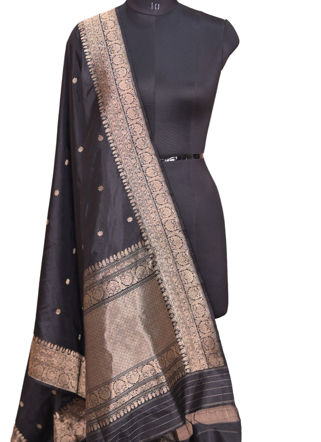Exquisite Black Banarasi Katan Silk Suit Set - Handloom Unstitched - Luxurion World