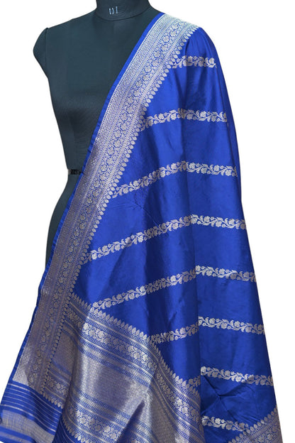 Pure Katan Silk Blue Banarasi Handloom Suit Set - Unstitched 3-Piece - Luxurion World