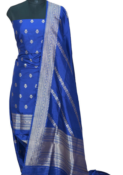 Pure Katan Silk Blue Banarasi Handloom Suit Set - Unstitched 3-Piece