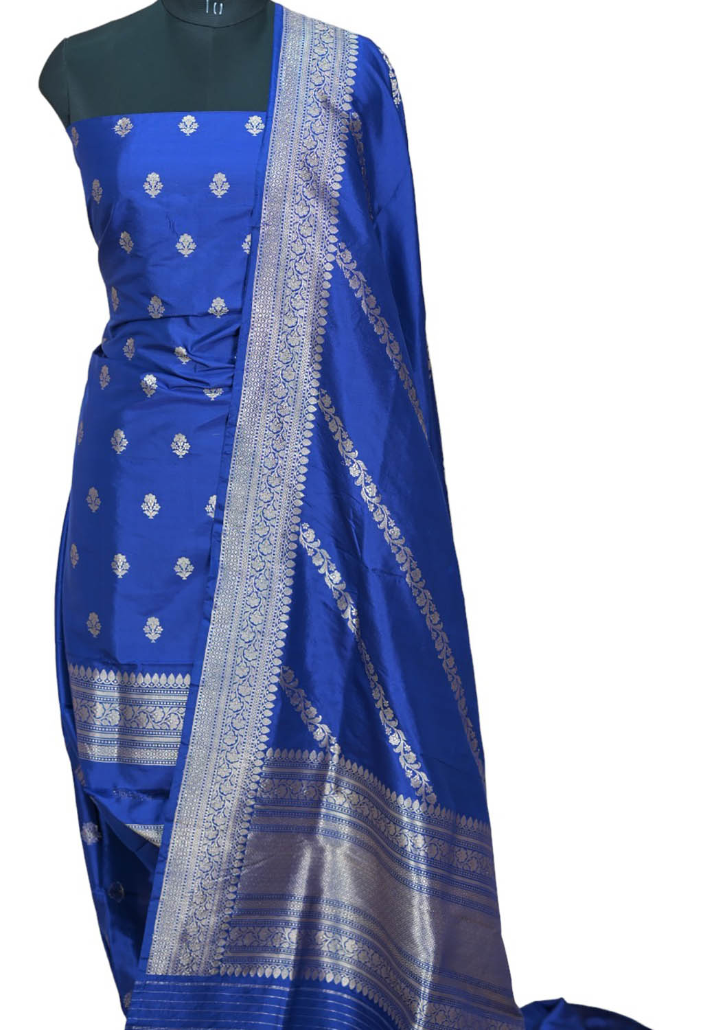 Pure Katan Silk Blue Banarasi Handloom Suit Set - Unstitched 3-Piece - Luxurion World