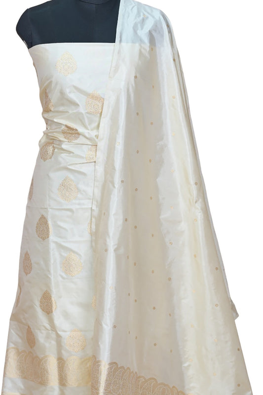 Pure Katan Silk Banarasi Handloom Suit Set in Pastel Hues - Luxurion World