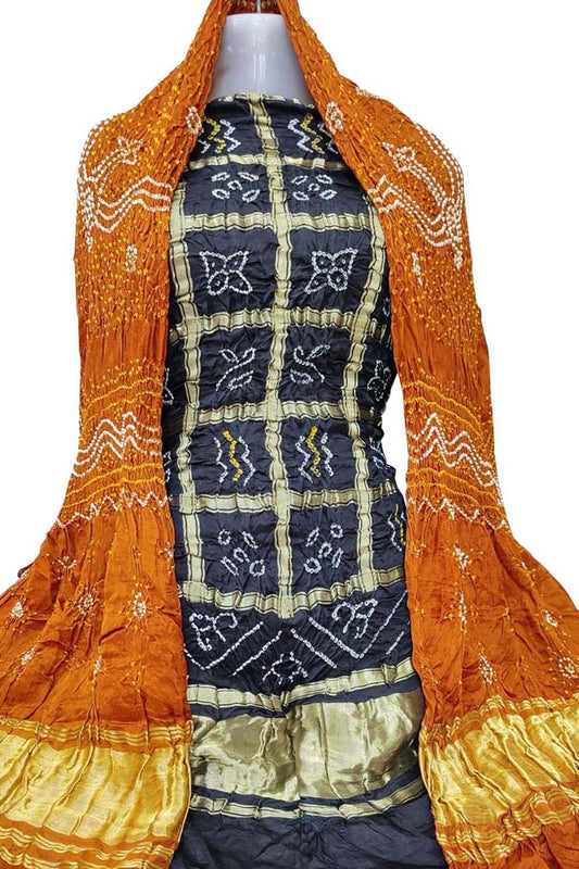 Black And Orange Bandhani Pure Gajji Silk Two Piece Unstitched Suit Set