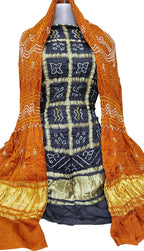Black And Orange Bandhani Pure Gajji Silk Two Piece Unstitched Suit Set - Luxurion World