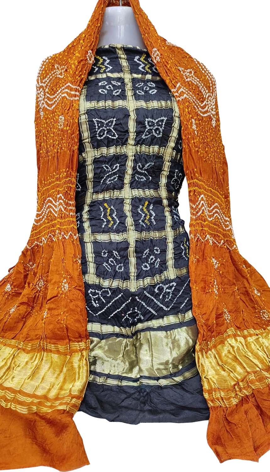 Black And Orange Bandhani Pure Gajji Silk Two Piece Unstitched Suit Set - Luxurion World