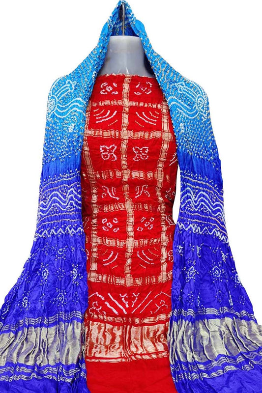 Red And Blue Bandhani Pure Gajji Silk Two Piece Unstitched Suit Set - Luxurion World