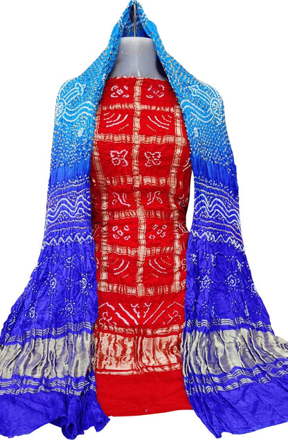 Red And Blue Bandhani Pure Gajji Silk Two Piece Unstitched Suit Set