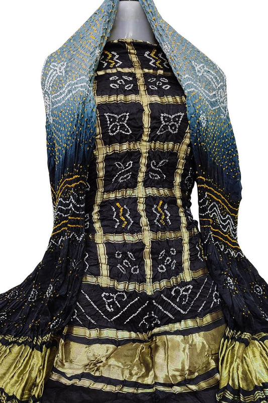 Black And Grey Bandhani Pure Gajji Silk Two Piece Unstitched Suit Set - Luxurion World