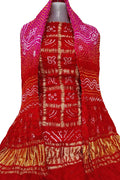 Red And Pink Bandhani Pure Gajji Silk Two Piece Unstitched Suit Set - Luxurion World