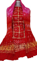 Red And Pink Bandhani Pure Gajji Silk Two Piece Unstitched Suit Set - Luxurion World