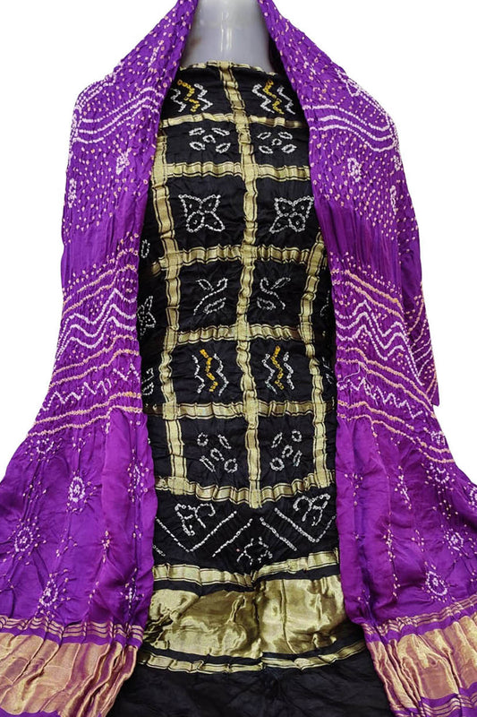 Black And Purple Bandhani Pure Gajji Silk Two Piece Unstitched Suit Set - Luxurion World