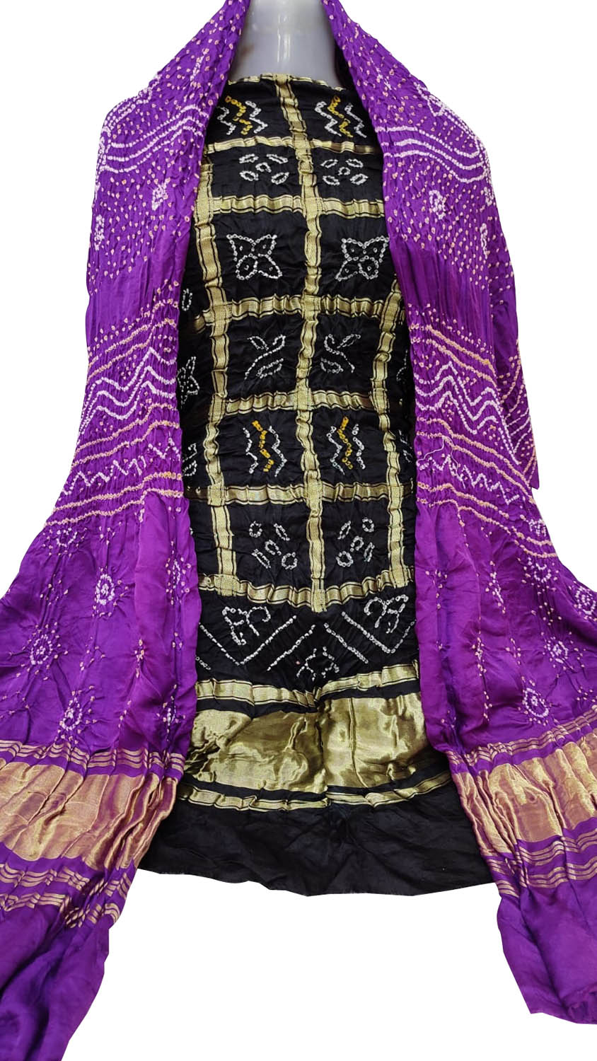 Black And Purple Bandhani Pure Gajji Silk Two Piece Unstitched Suit Set