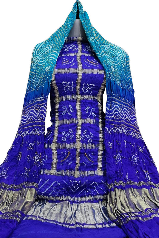 Blue Bandhani Pure Gajji Silk Two Piece Unstitched Suit Set - Luxurion World