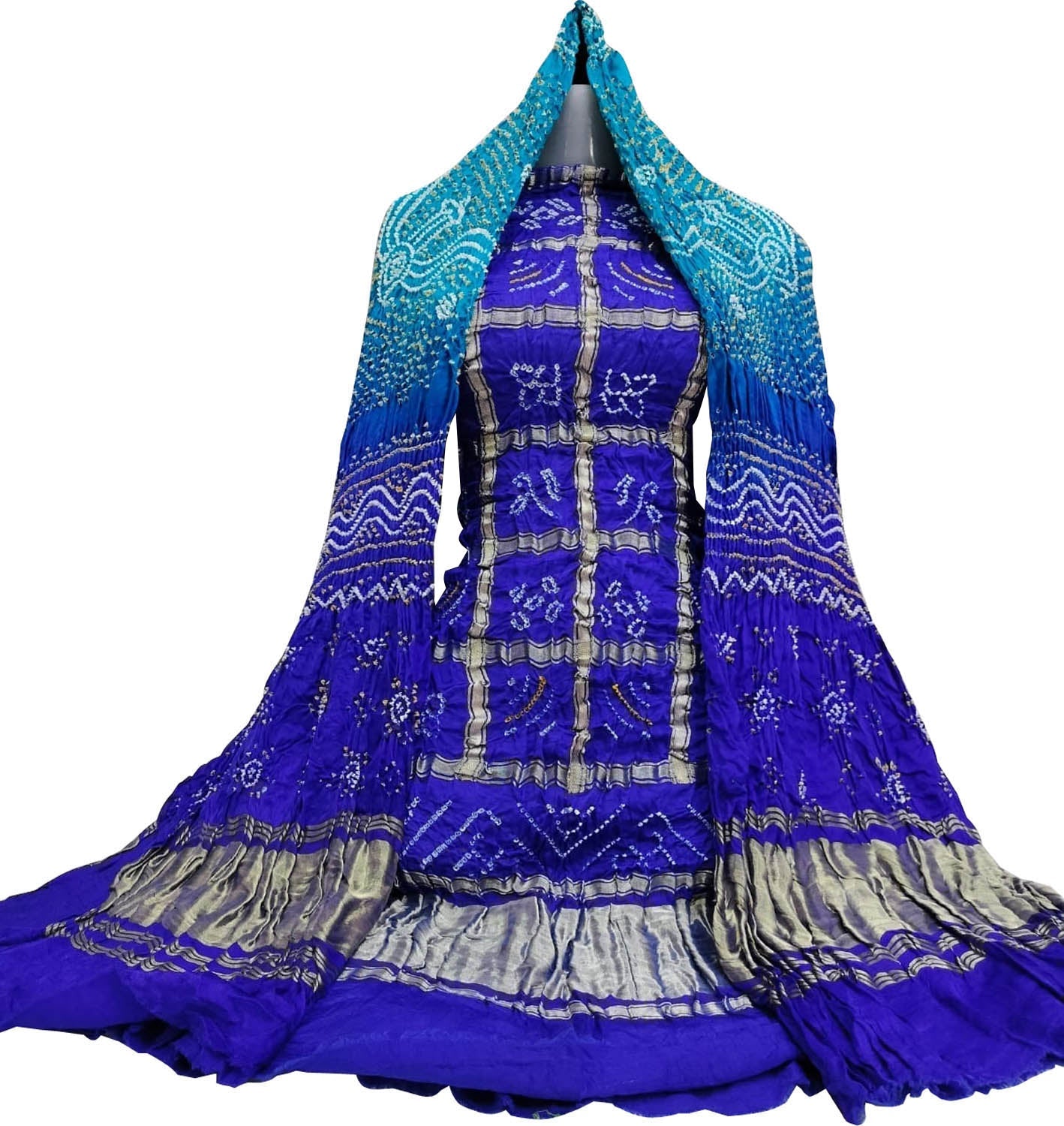 Blue Bandhani Pure Gajji Silk Two Piece Unstitched Suit Set - Luxurion World