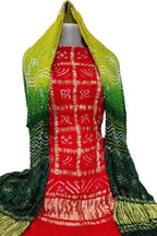 Red And Green Bandhani Pure Gajji Silk Two Piece Unstitched Suit Set - Luxurion World