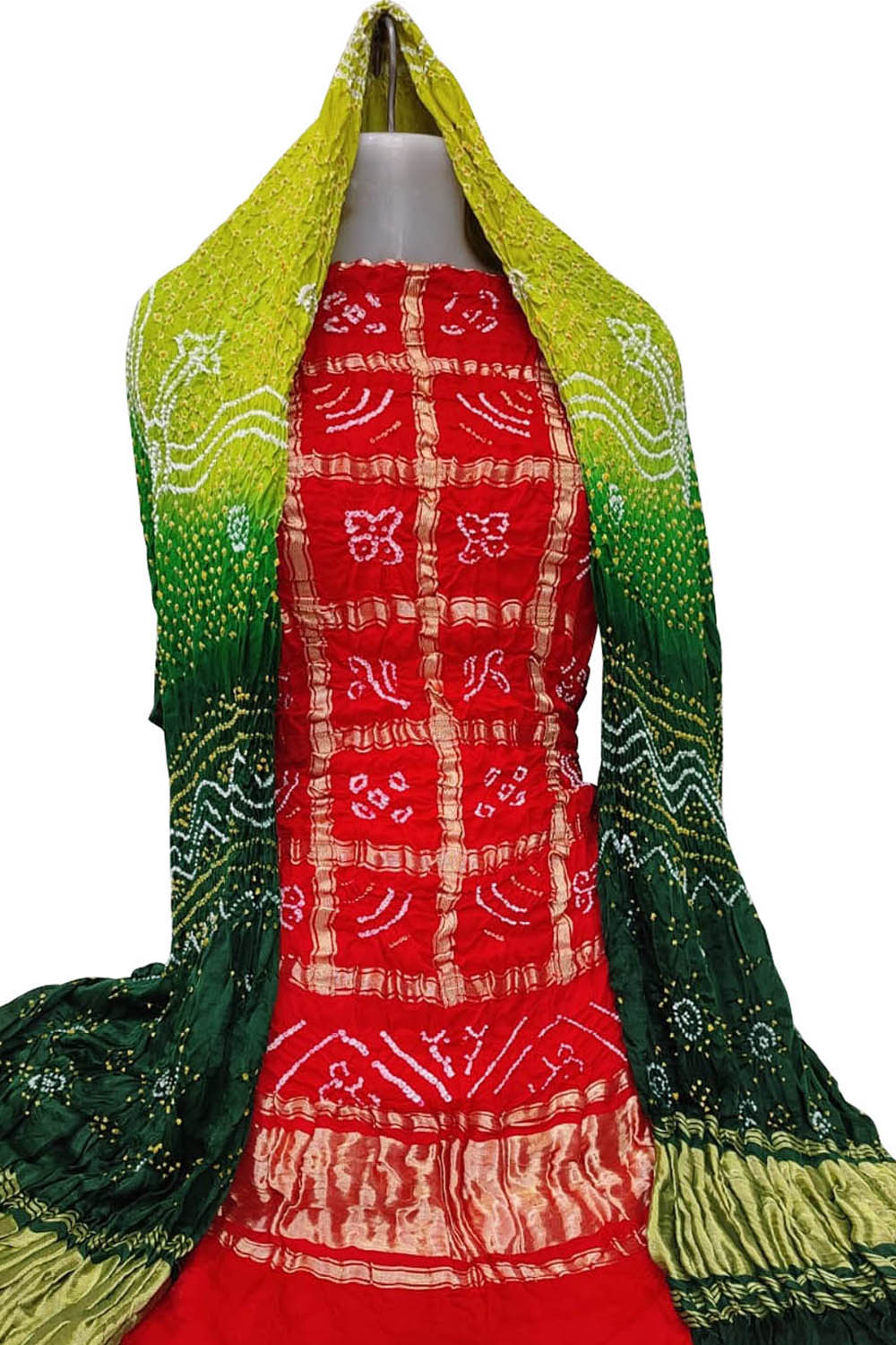 Red And Green Bandhani Pure Gajji Silk Two Piece Unstitched Suit Set - Luxurion World