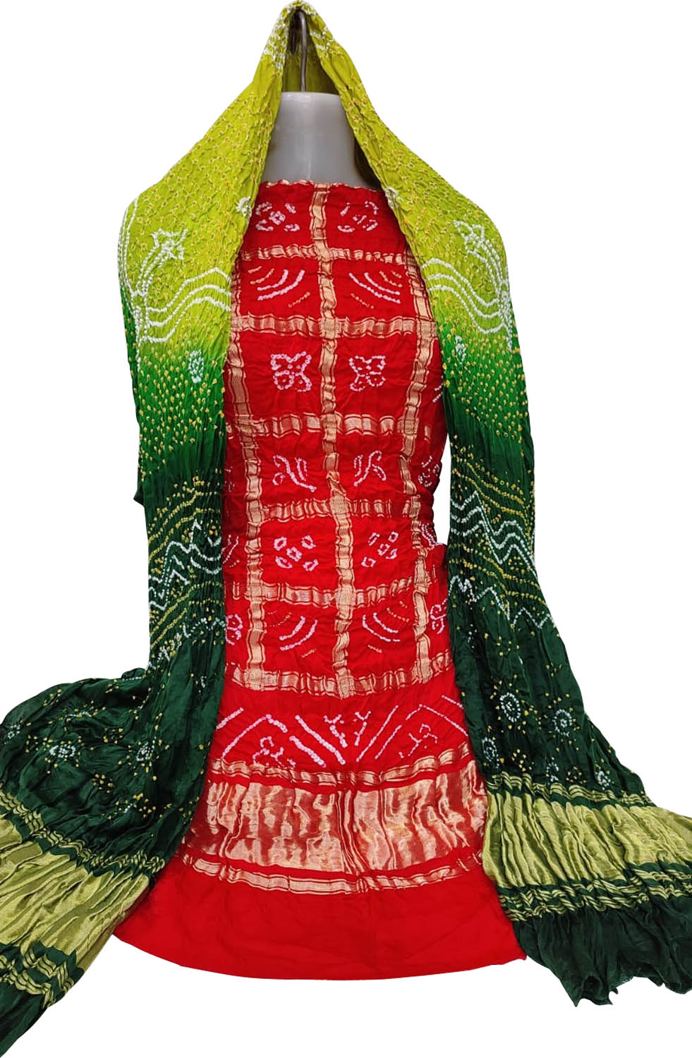 Red And Green Bandhani Pure Gajji Silk Two Piece Unstitched Suit Set