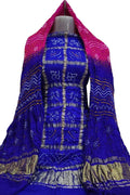 Blue And Pink Bandhani Pure Gajji Silk Two Piece Unstitched Suit Set - Luxurion World