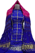Blue And Pink Bandhani Pure Gajji Silk Two Piece Unstitched Suit Set - Luxurion World