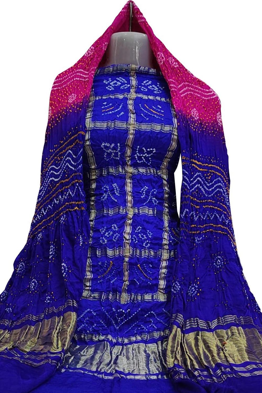 Blue And Pink Bandhani Pure Gajji Silk Two Piece Unstitched Suit Set - Luxurion World
