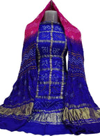 Blue And Pink Bandhani Pure Gajji Silk Two Piece Unstitched Suit Set - Luxurion World