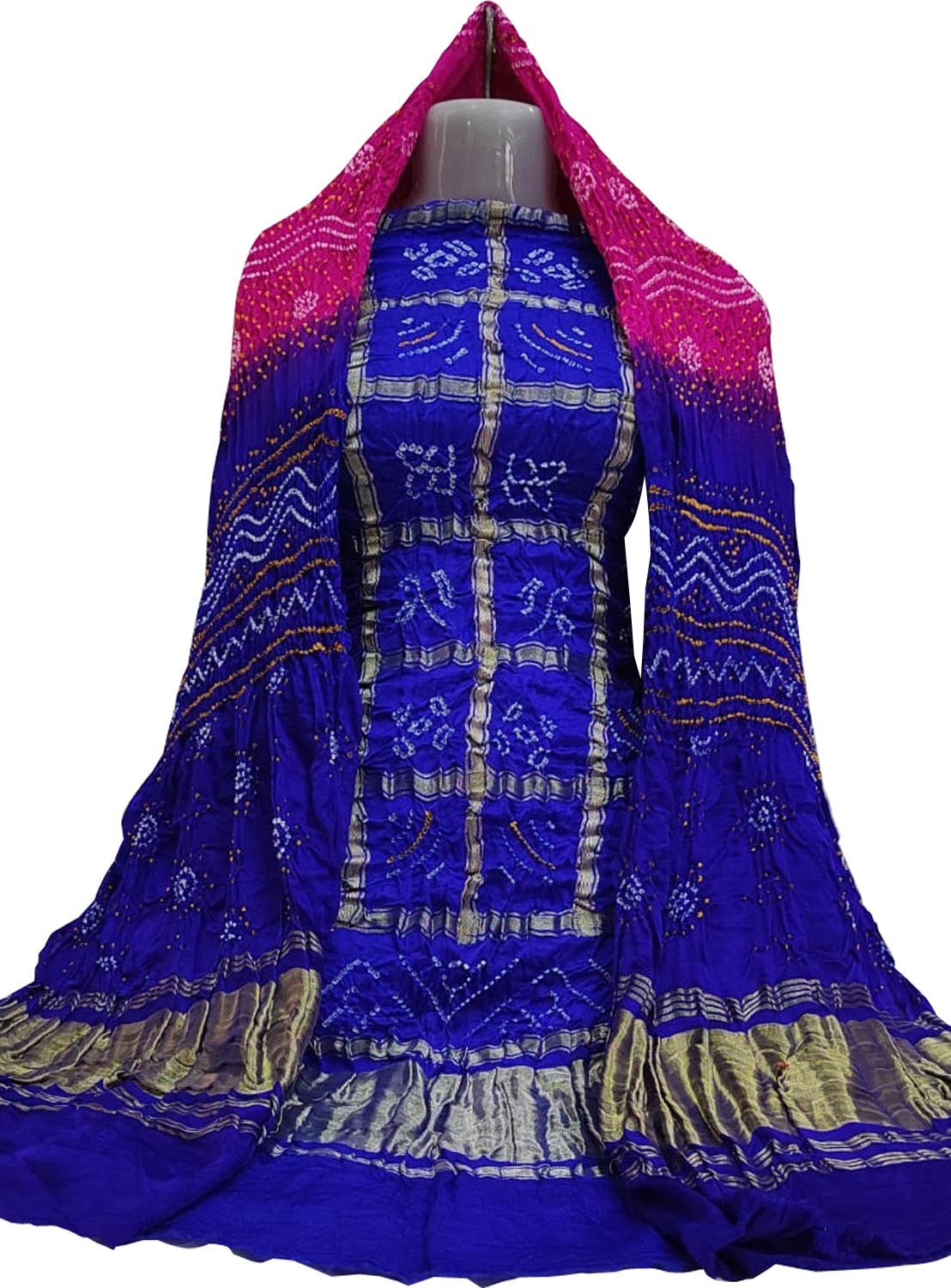 Blue And Pink Bandhani Pure Gajji Silk Two Piece Unstitched Suit Set - Luxurion World