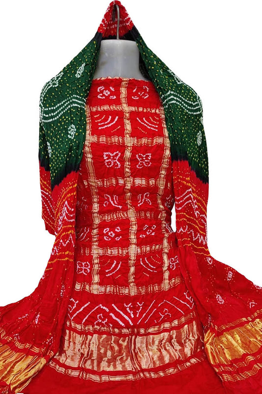 Red And Green Bandhani Pure Gajji Silk Two Piece Unstitched Suit Set - Luxurion World