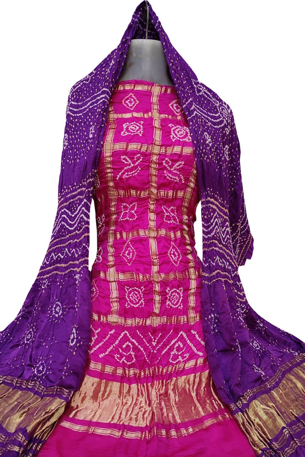 Pink And Purple Bandhani Pure Gajji Silk Two Piece Unstitched Suit Set - Luxurion World