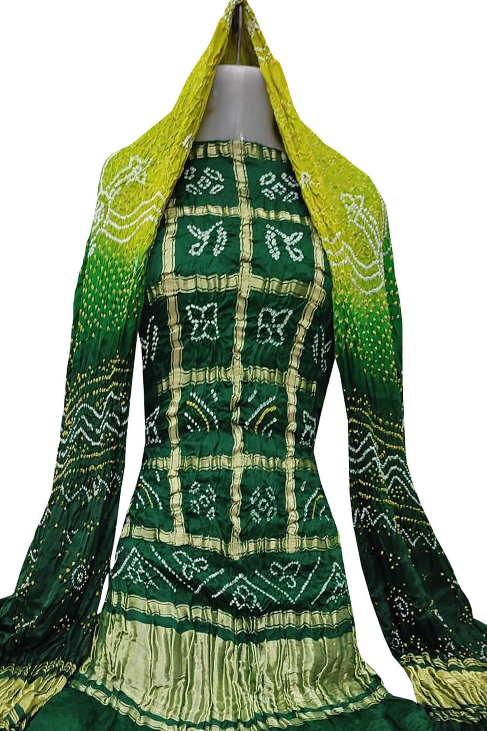 Green Bandhani Pure Gajji Silk Two Piece Unstitched Suit Set - Luxurion World