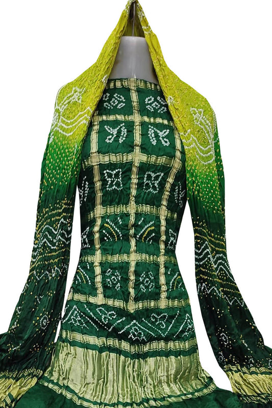 Green Bandhani Pure Gajji Silk Two Piece Unstitched Suit Set - Luxurion World