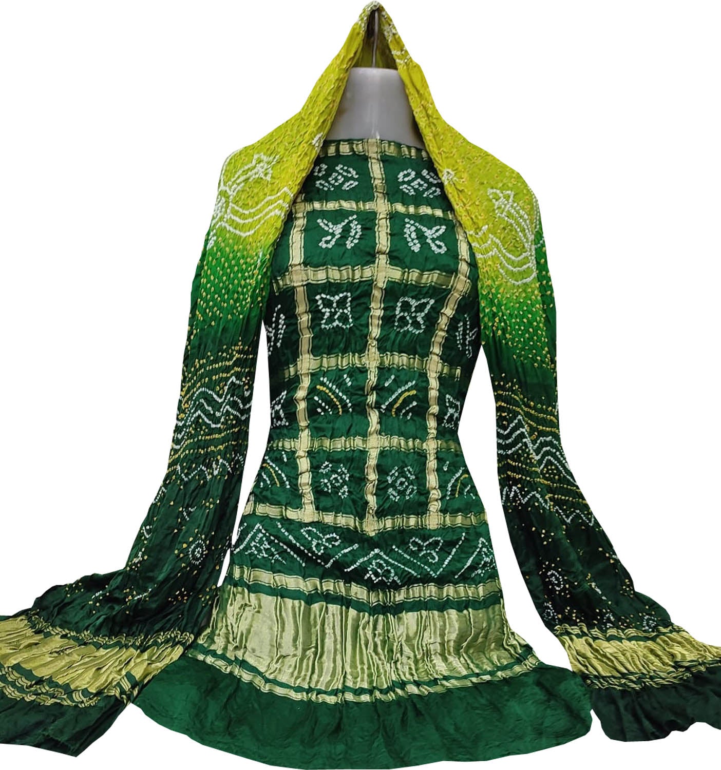 Green Bandhani Pure Gajji Silk Two Piece Unstitched Suit Set - Luxurion World