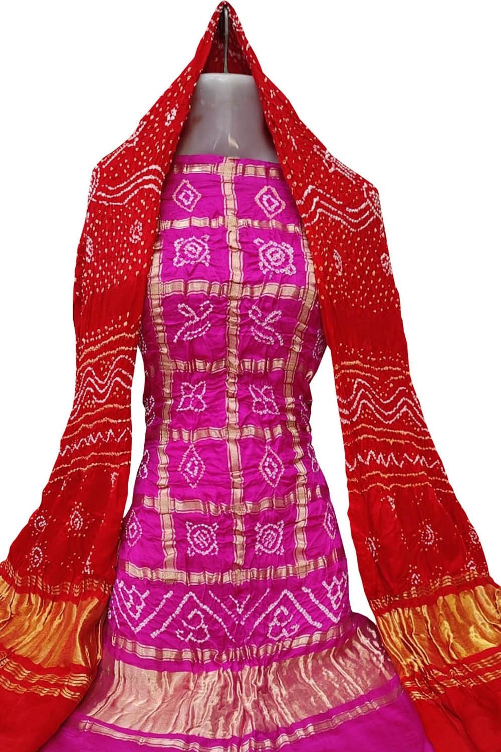 Pink And Red Bandhani Pure Gajji Silk Two Piece Unstitched Suit Set - Luxurion World