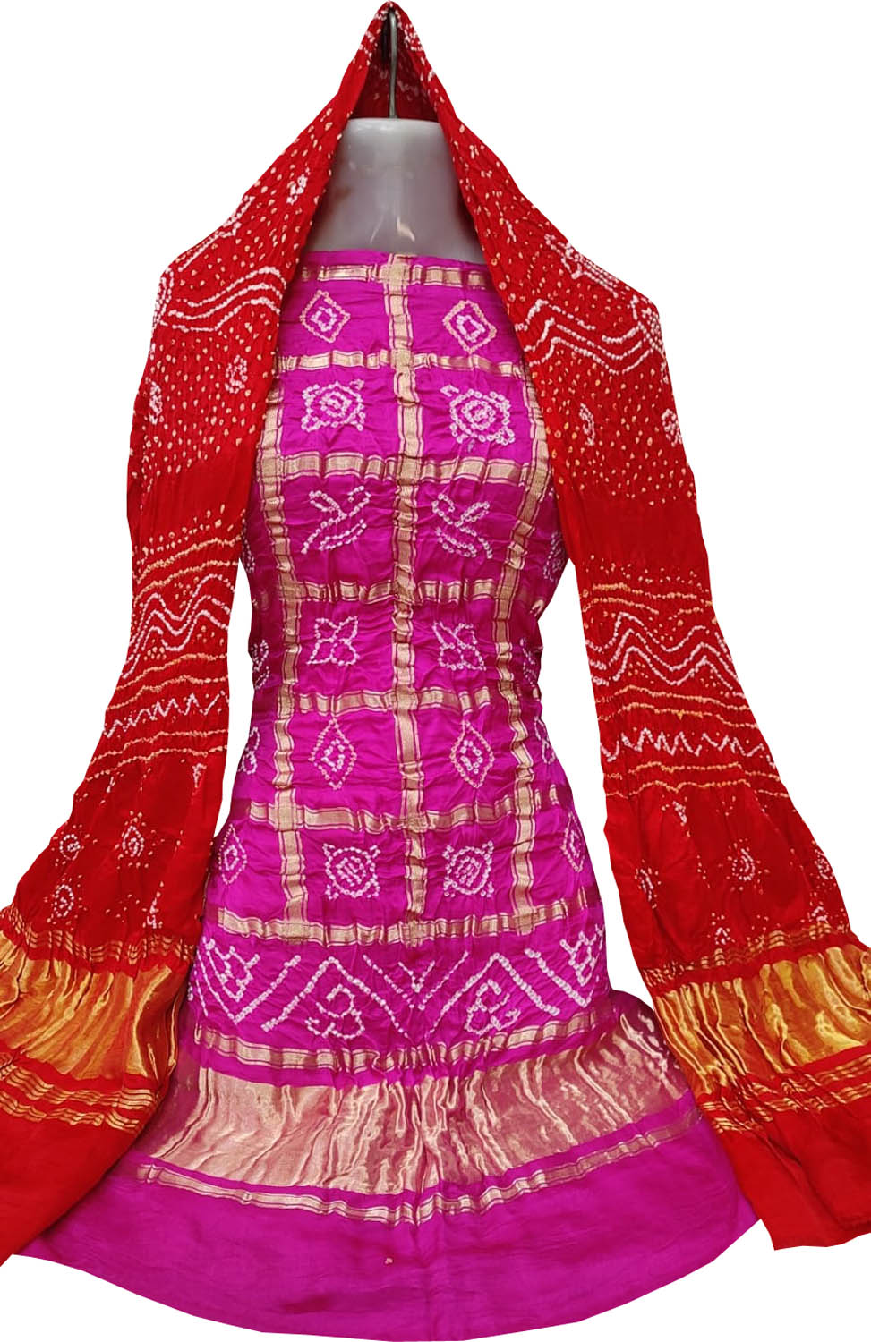 Pink And Red Bandhani Pure Gajji Silk Two Piece Unstitched Suit Set