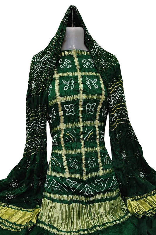Green Bandhani Pure Gajji Silk Two Piece Unstitched Suit Set - Luxurion World